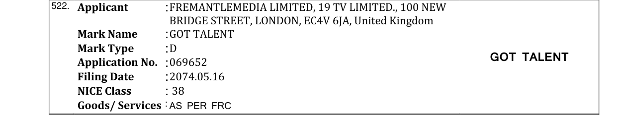 Original bulletin entry for GOT TALENT