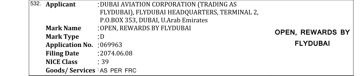 Original bulletin entry for OPEN, REWARDS BY FLYDUBAI OPEN, REWARDS BY