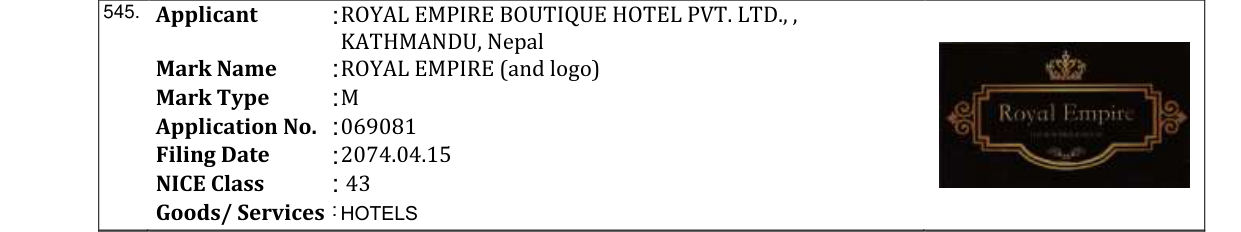 Original bulletin entry for ROYAL EMPIRE (and logo)