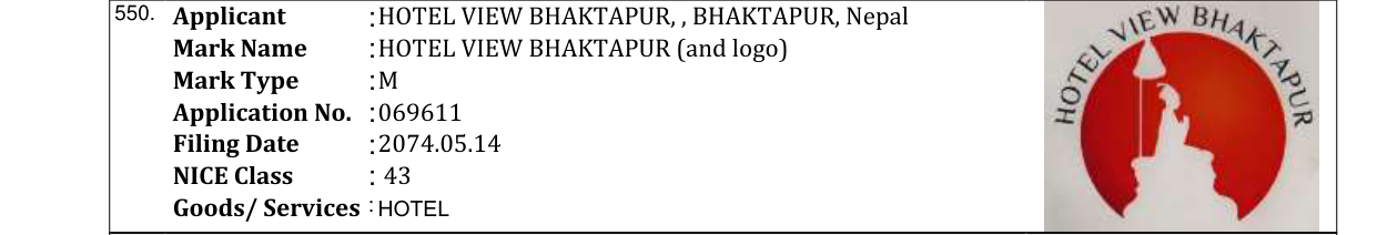 Original bulletin entry for HOTEL VIEW BHAKTAPUR (and logo)