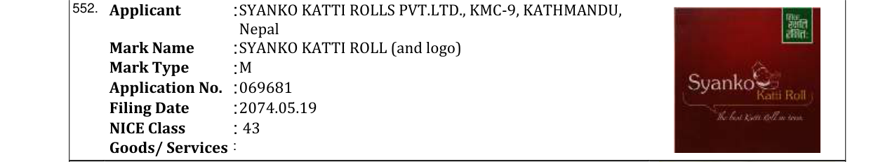 Original bulletin entry for SYANKO KATTI ROLL (and logo)