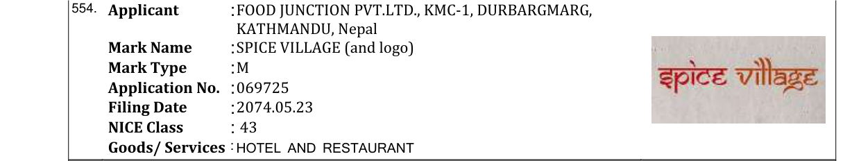 Original bulletin entry for SPICE VILLAGE (and logo)