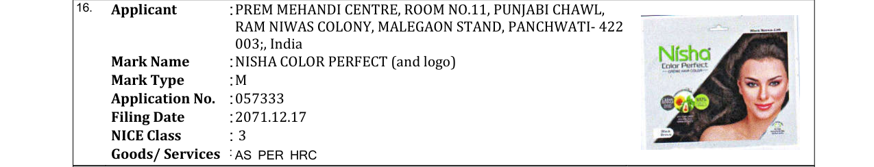 Original bulletin entry for NISHA COLOR PERFECT (and logo)
