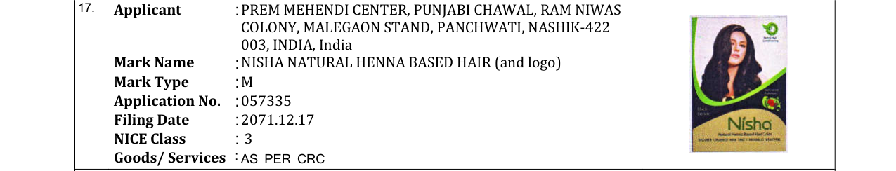 Original bulletin entry for NISHA NATURAL HENNA BASED HAIR (and logo)