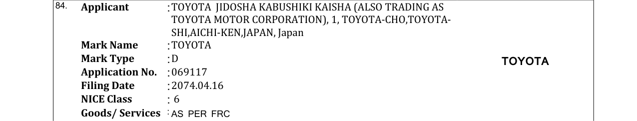 Original bulletin entry for TOYOTA