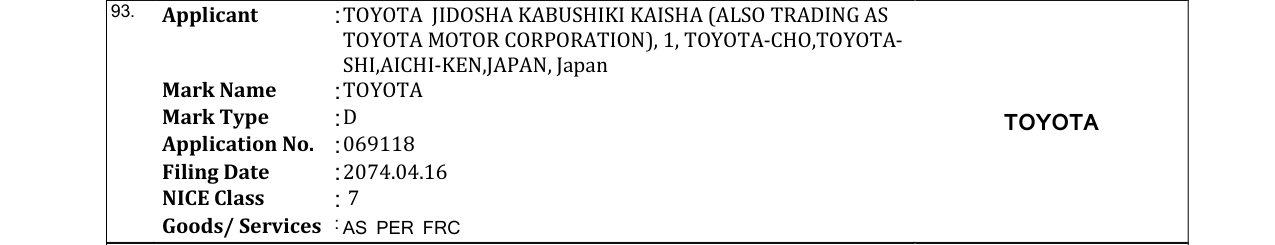 Original bulletin entry for TOYOTA