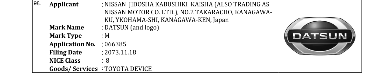 Original bulletin entry for DATSUN (and logo)