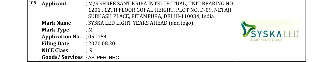 Original bulletin entry for SYSKA LED LIGHT YEARS AHEAD (and logo)