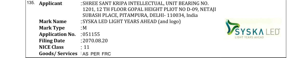 Original bulletin entry for SYSKA LED LIGHT YEARS AHEAD (and logo)