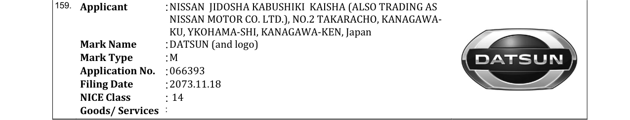 Original bulletin entry for DATSUN (and logo)