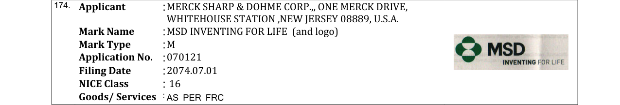 Original bulletin entry for MSD INVENTING FOR LIFE (and logo)