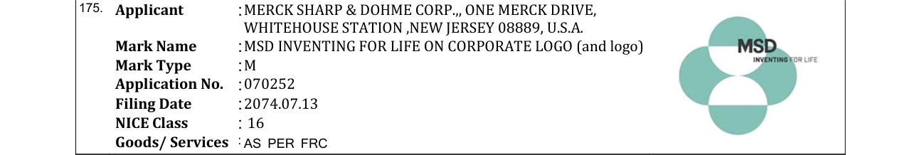 Original bulletin entry for MSD INVENTING FOR LIFE ON CORPORATE LOGO (and logo)