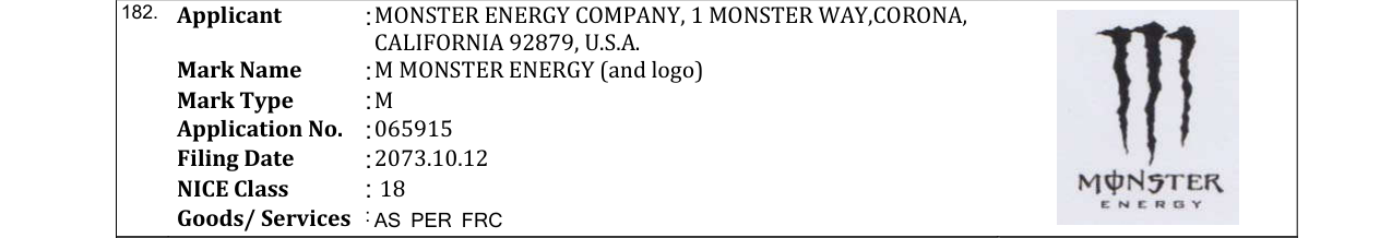 Original bulletin entry for M MONSTER ENERGY (and logo)