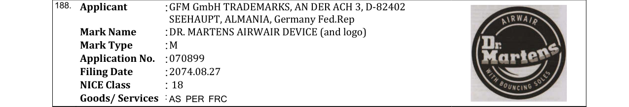 Original bulletin entry for DR. MARTENS AIRWAIR DEVICE (and logo)
