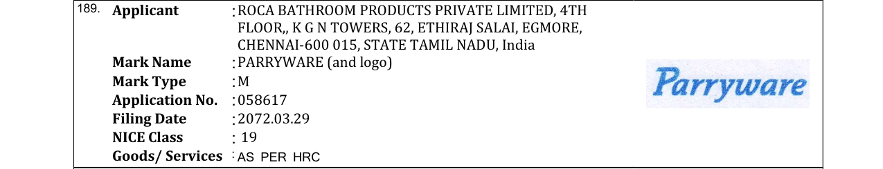 Original bulletin entry for PARRYWARE (and logo)