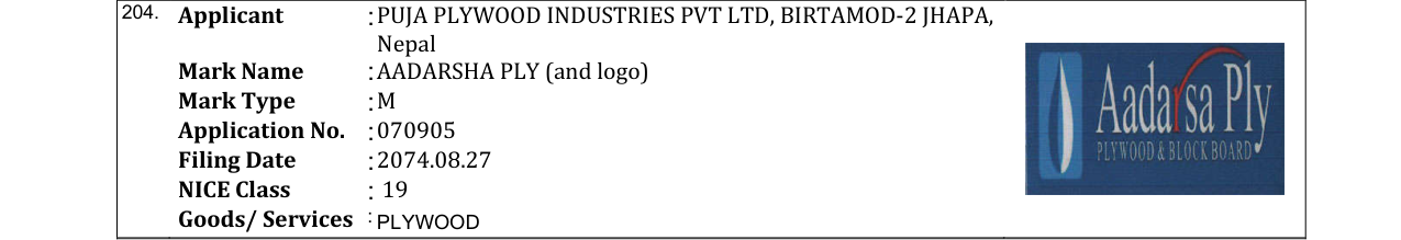 Original bulletin entry for AADARSHA PLY (and logo)