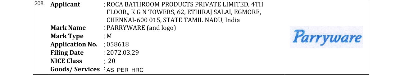 Original bulletin entry for PARRYWARE (and logo)