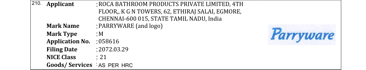 Original bulletin entry for PARRYWARE (and logo)