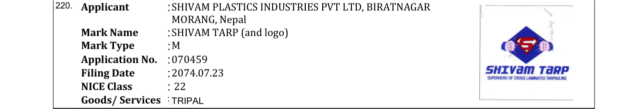 Original bulletin entry for SHIVAM TARP (and logo)