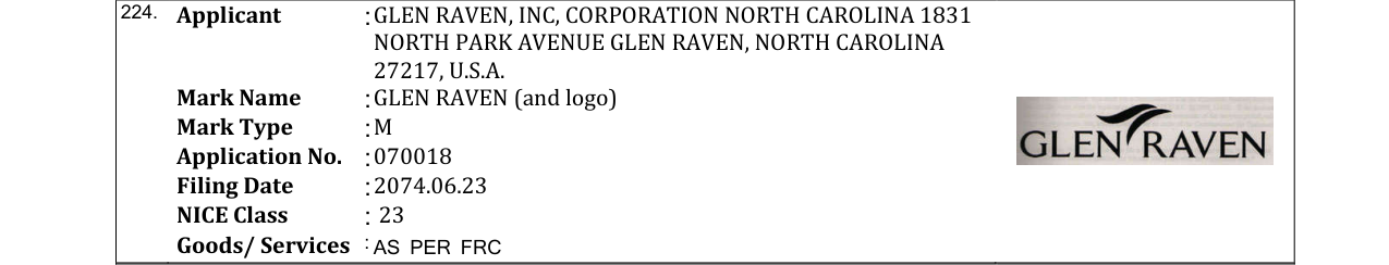 Original bulletin entry for GLEN RAVEN (and logo)