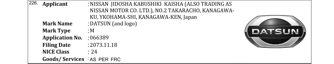 Original bulletin entry for DATSUN (and logo)