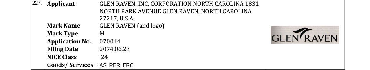 Original bulletin entry for GLEN RAVEN (and logo)