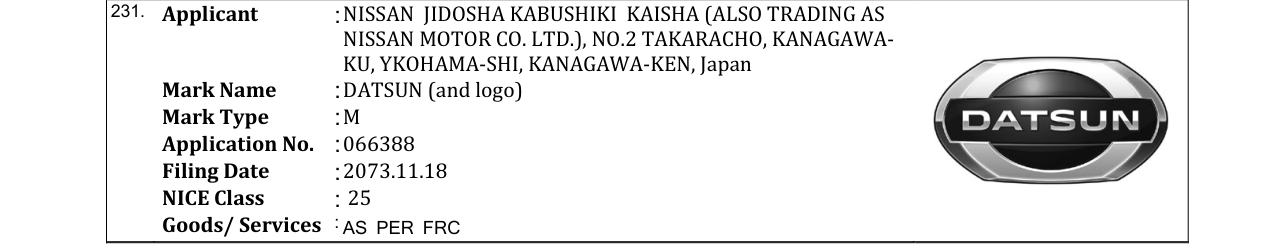 Original bulletin entry for DATSUN (and logo)