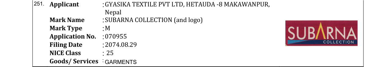 Original bulletin entry for SUBARNA COLLECTION (and logo)