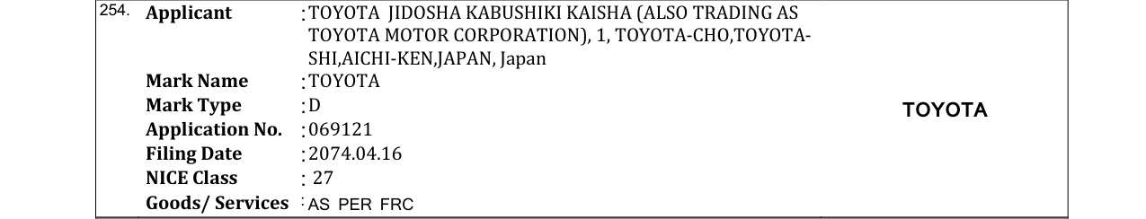 Original bulletin entry for TOYOTA