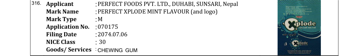 Original bulletin entry for PERFECT XPLODE MINT FLAVOUR (and logo)