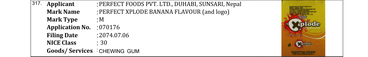 Original bulletin entry for PERFECT XPLODE BANANA FLAVOUR (and logo)