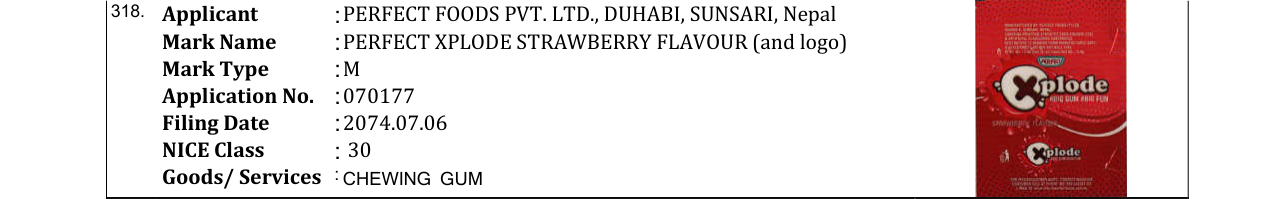 Original bulletin entry for PERFECT XPLODE STRAWBERRY FLAVOUR (and logo)