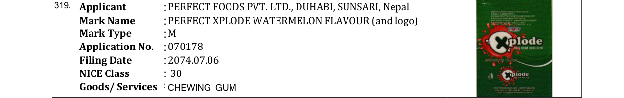 Original bulletin entry for PERFECT XPLODE WATERMELON FLAVOUR (and logo)