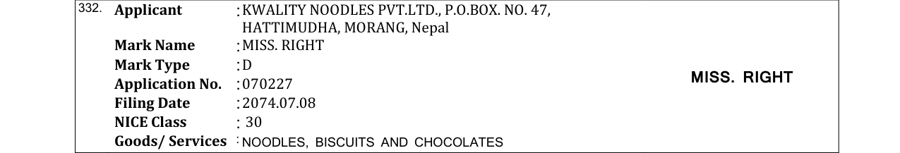 Original bulletin entry for MISS. RIGHT