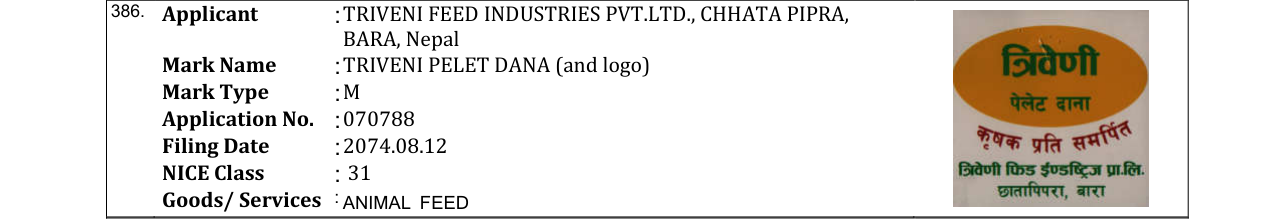 Original bulletin entry for TRIVENI PELET DANA (and logo)