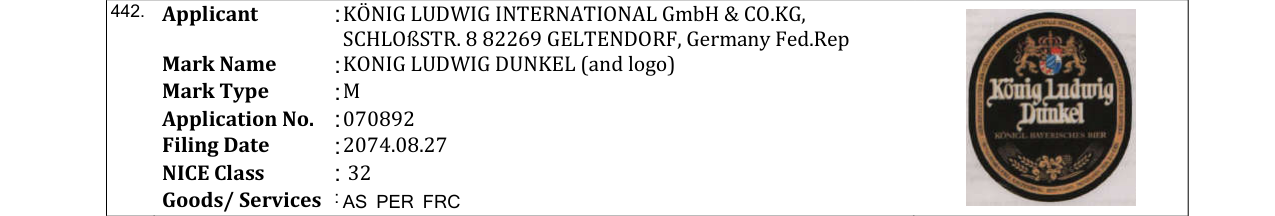 Original bulletin entry for KONIG LUDWIG DUNKEL (and logo)