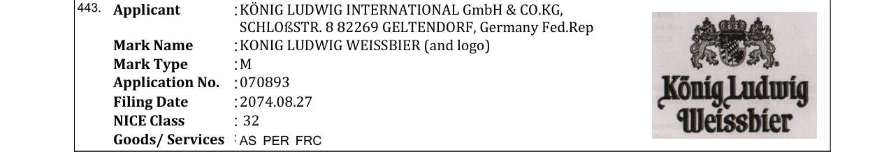 Original bulletin entry for KONIG LUDWIG WEISSBIER (and logo)