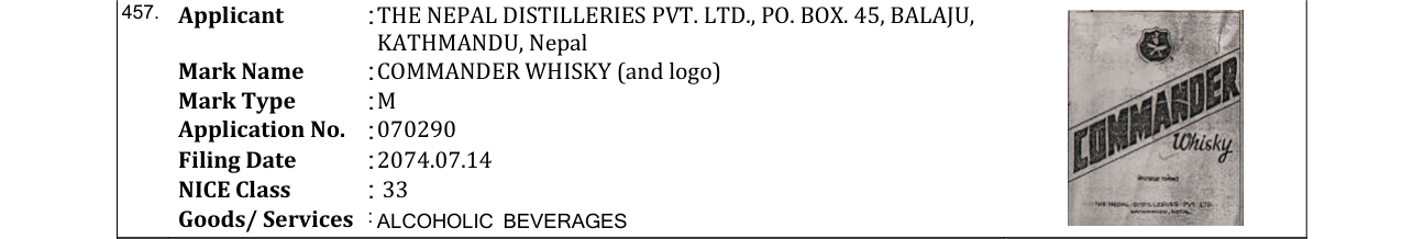 Original bulletin entry for COMMANDER WHISKY (and logo)