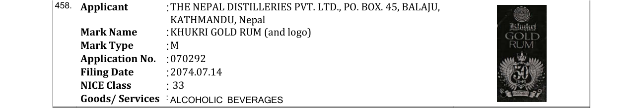 Original bulletin entry for KHUKRI GOLD RUM (and logo)