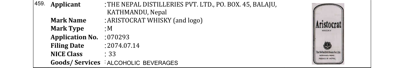 Original bulletin entry for ARISTOCRAT WHISKY (and logo)