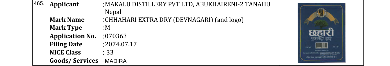 Original bulletin entry for CHHAHARI EXTRA DRY (DEVNAGARI) (and logo)