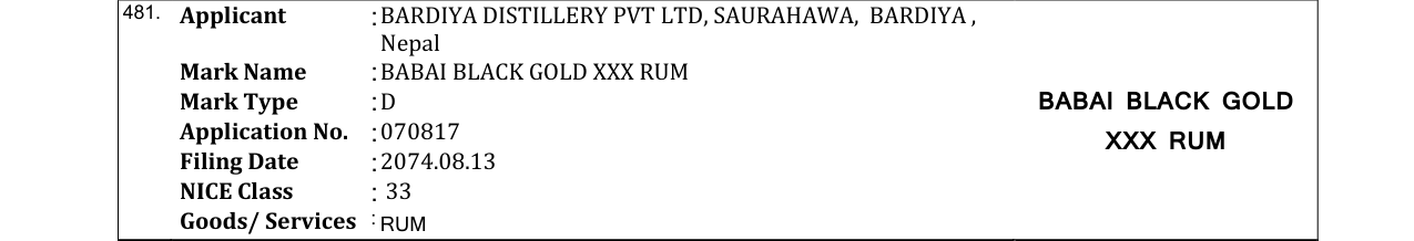 Original bulletin entry for BABAI BLACK GOLD XXX RUM