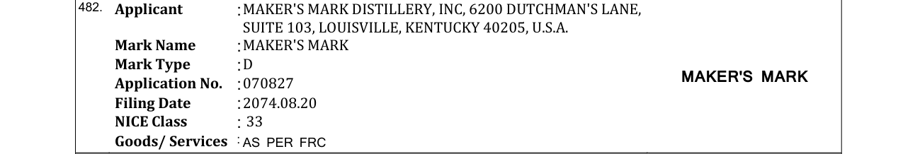 Original bulletin entry for MAKER'S MARK