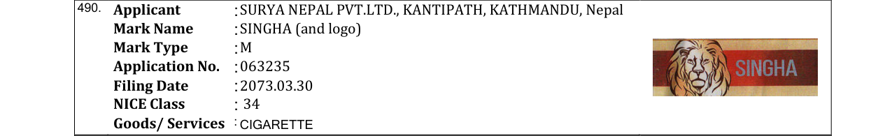 Original bulletin entry for SINGHA (and logo)