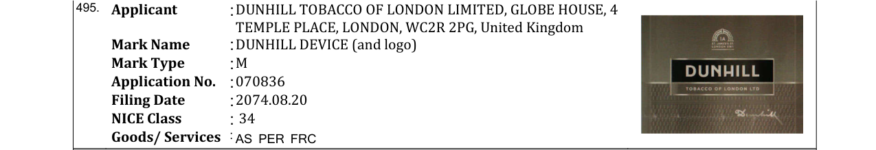 Original bulletin entry for DUNHILL DEVICE (and logo)