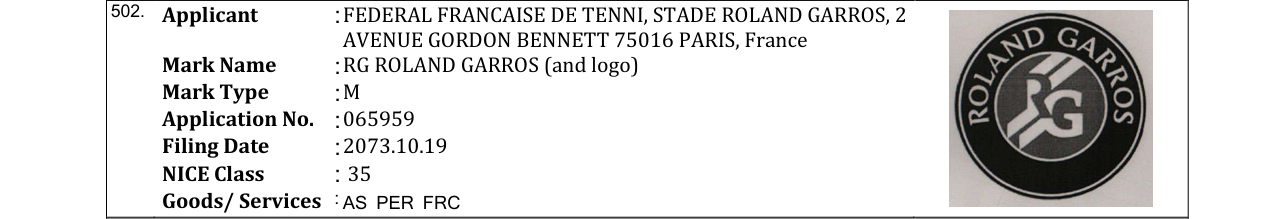 Original bulletin entry for RG ROLAND GARROS (and logo)
