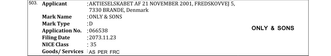 Original bulletin entry for ONLY & SONS