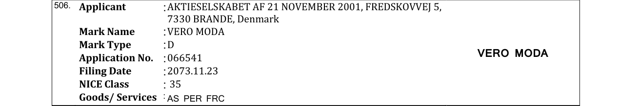 Original bulletin entry for VERO MODA