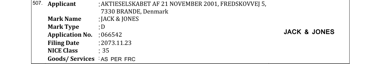 Original bulletin entry for JACK & JONES