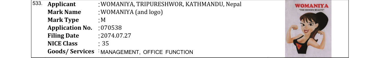 Original bulletin entry for WOMANIYA (and logo)